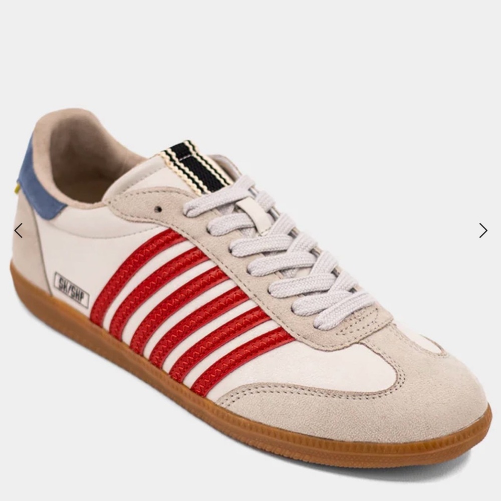 ShuShop White Red Sneakers with Tan Sole and Blue Heel